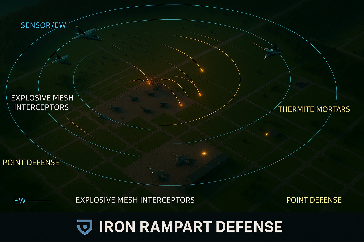 Layered defensive rings engaging a large drone swarm far forward of the base perimeter
