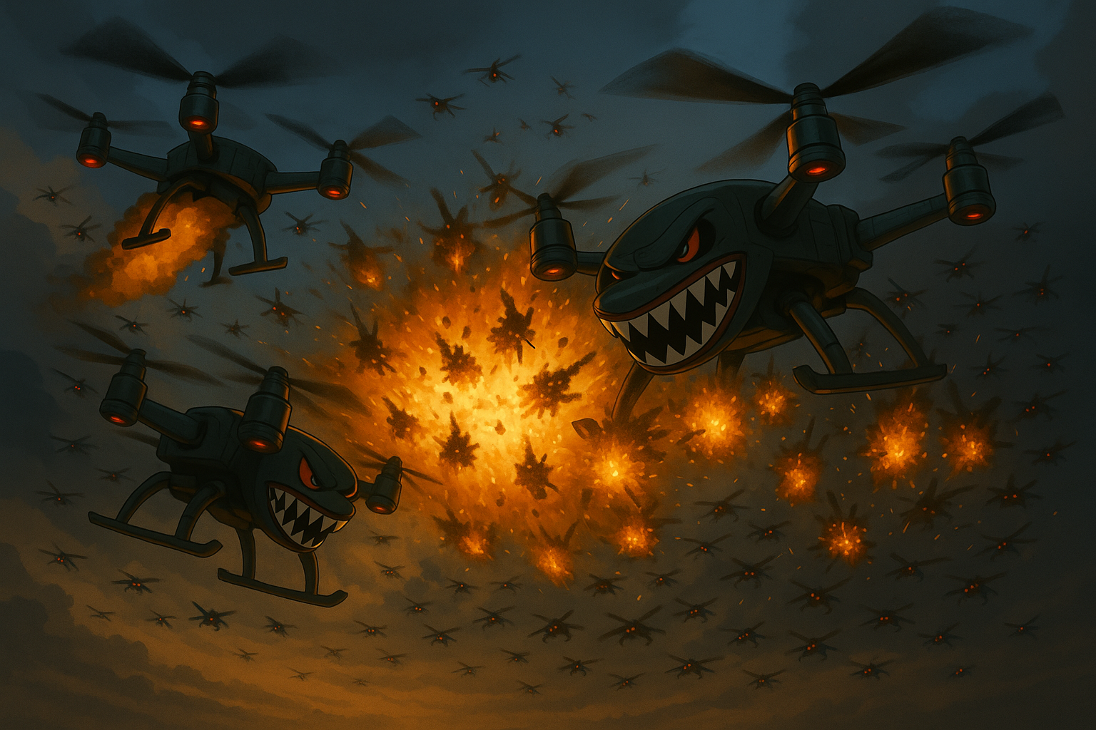 IRD mesh drones disrupting and neutralizing multiple hostile drones before they reach the base